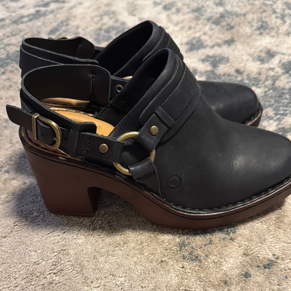 Born Black Leather Mules with Wooden Heel size 7